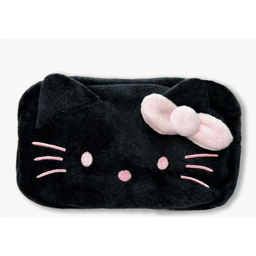 Black and pink soft Plush hello kitty Cosmetic travel bag